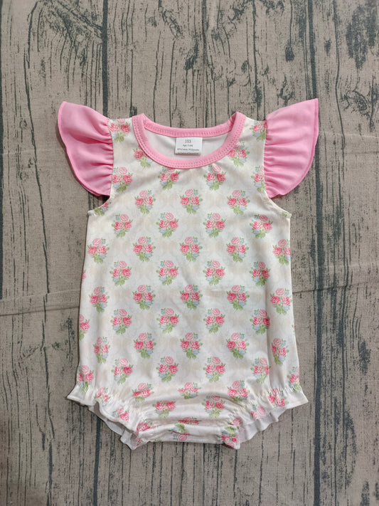 Pink flutter sleeves floral baby girls summer romper