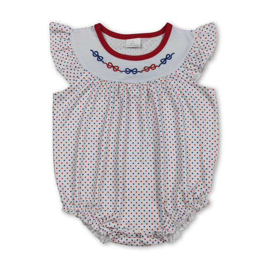 Red blue bow embroidery polka dots girl 4th of july romper