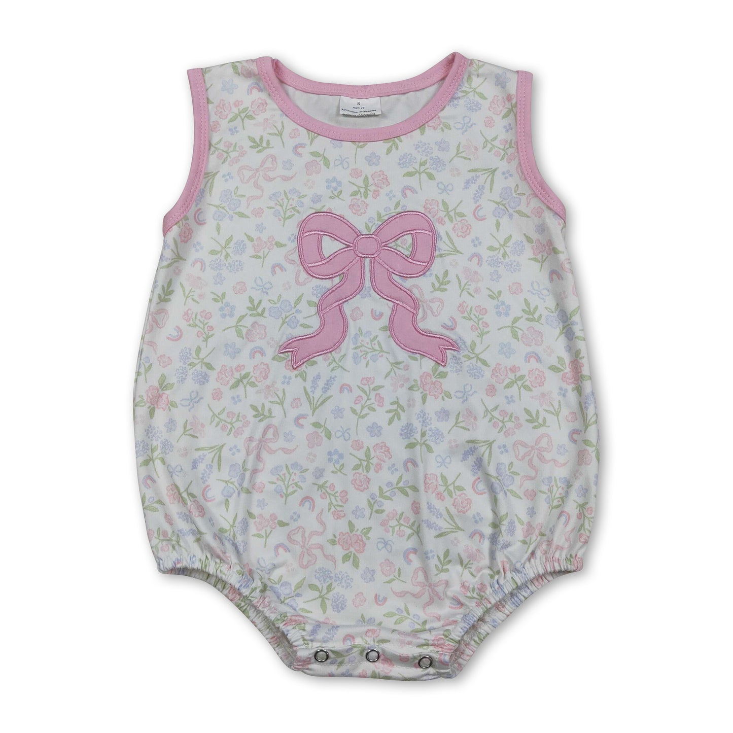 Sleeveless pink bow embroidery floral baby girl romper