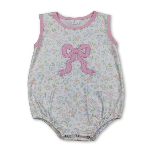 Sleeveless pink bow embroidery floral baby girl romper