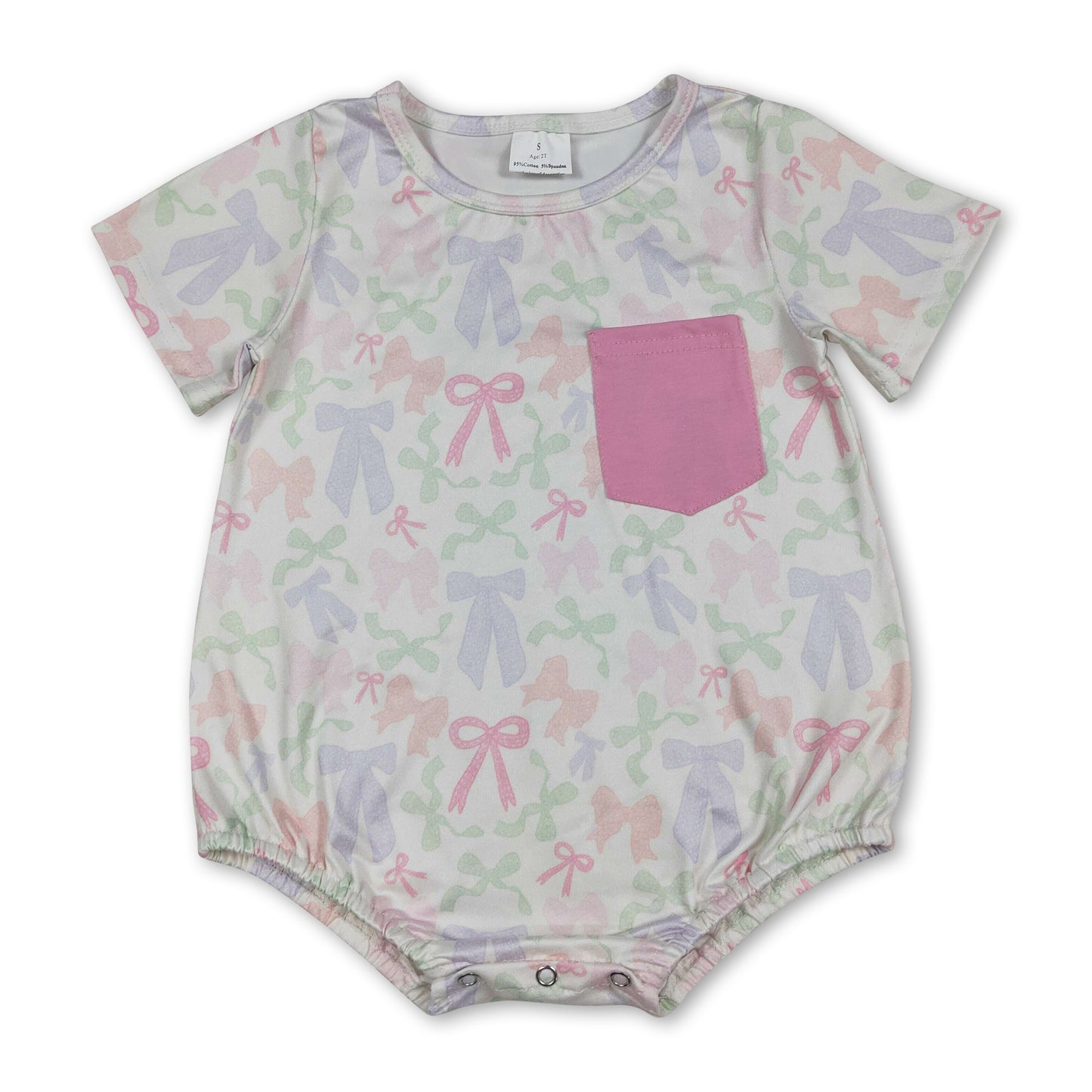 Short sleeves pocket colorful bows baby girls romper