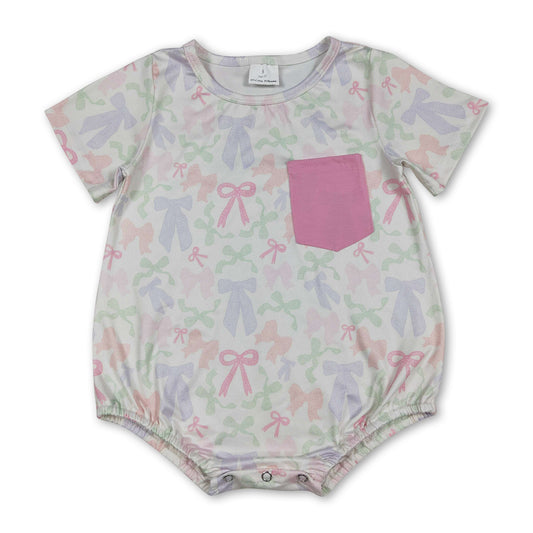 Short sleeves pocket colorful bows baby girls romper