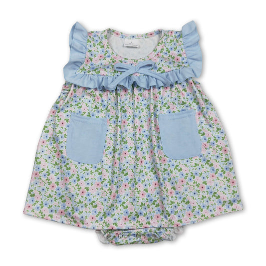 Light blue ruffle floral pockets baby girls romper