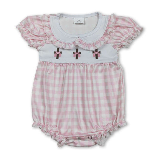 Pink plaid cross embroidery baby girls Easter romper