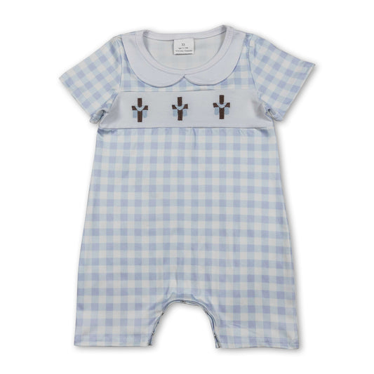 Plaid short sleeves cross embroidery baby boy Easter romper
