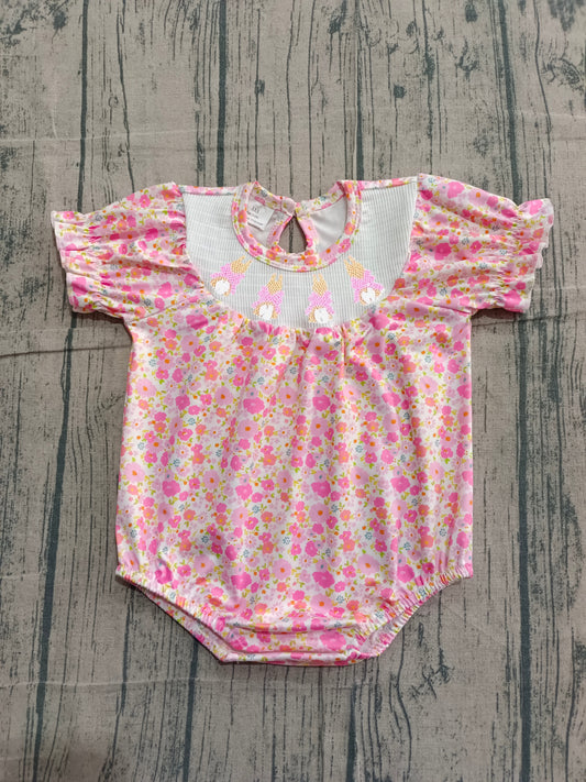 Short sleeves pink floral rabbit smocked baby Easter romper