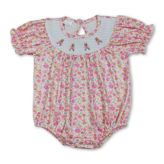 Short sleeves pink floral rabbit smocked baby Easter romper