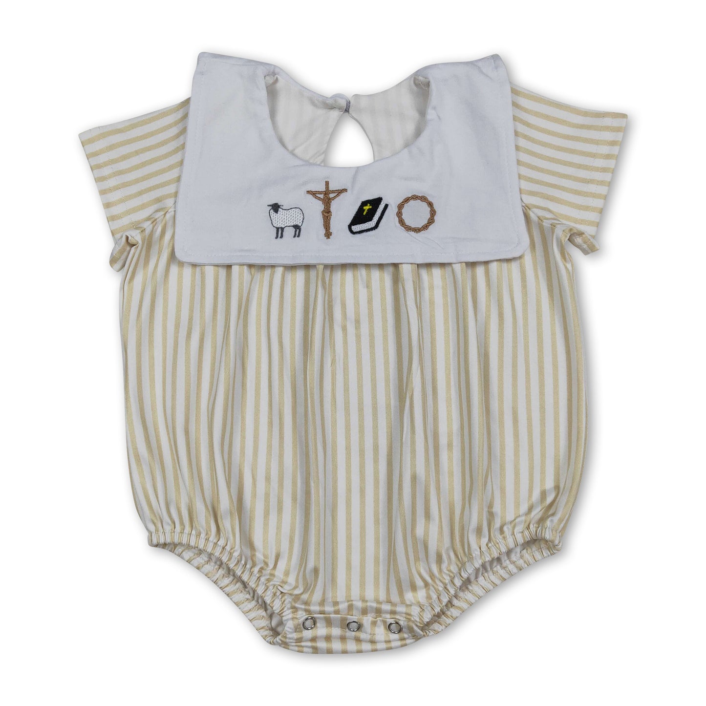 Short sleeves stripe cross embroidery baby Easter romper