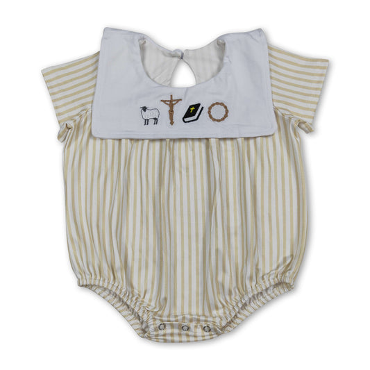 Short sleeves stripe cross embroidery baby Easter romper