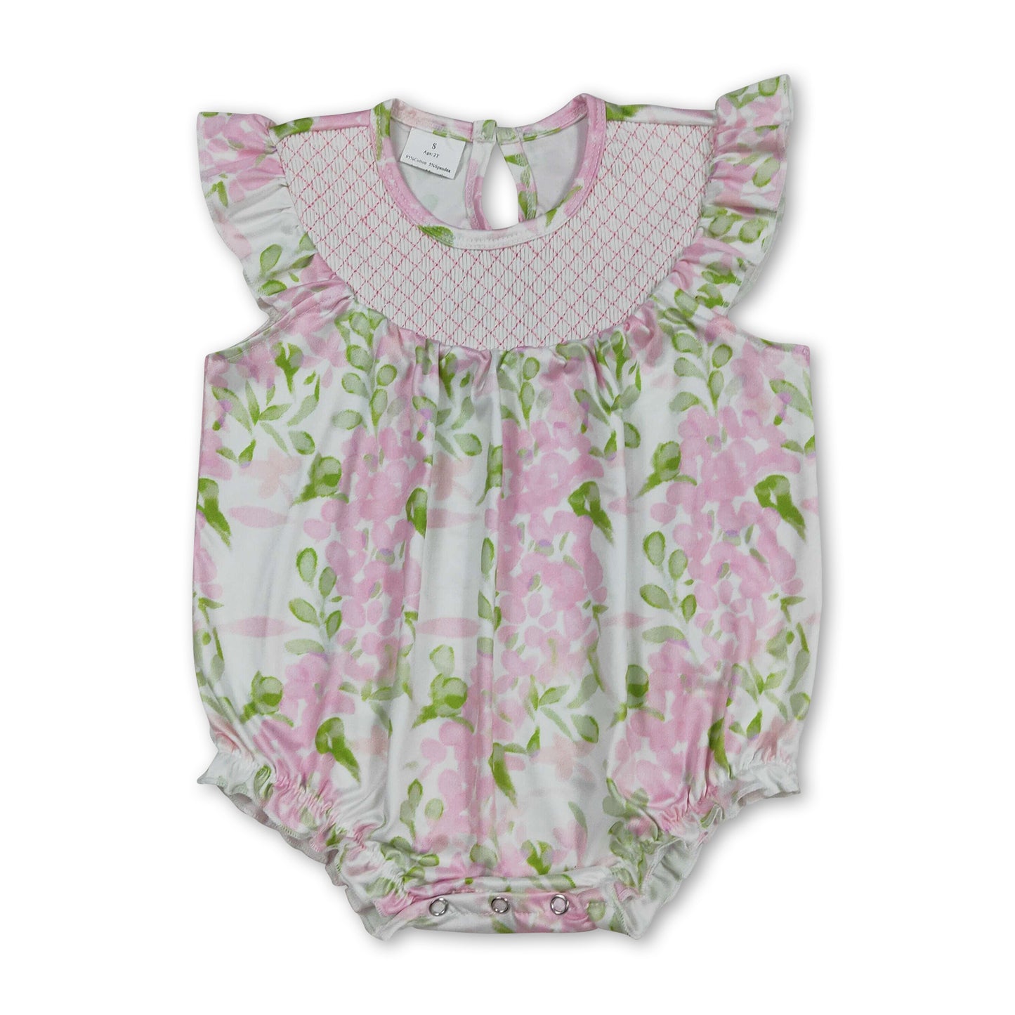 Flutter sleeves smocked pink floral baby girls romper