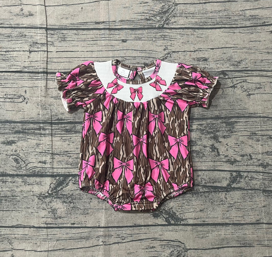 Short sleeves bow smocked camo baby girls romper
