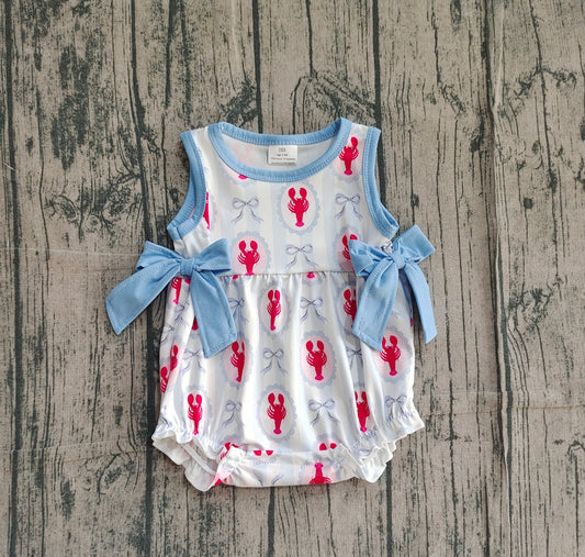 Sleeveless crawfish light blue bow baby girls romper