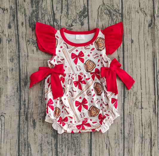 Flutter sleeves red bow baseball baby girls romper
