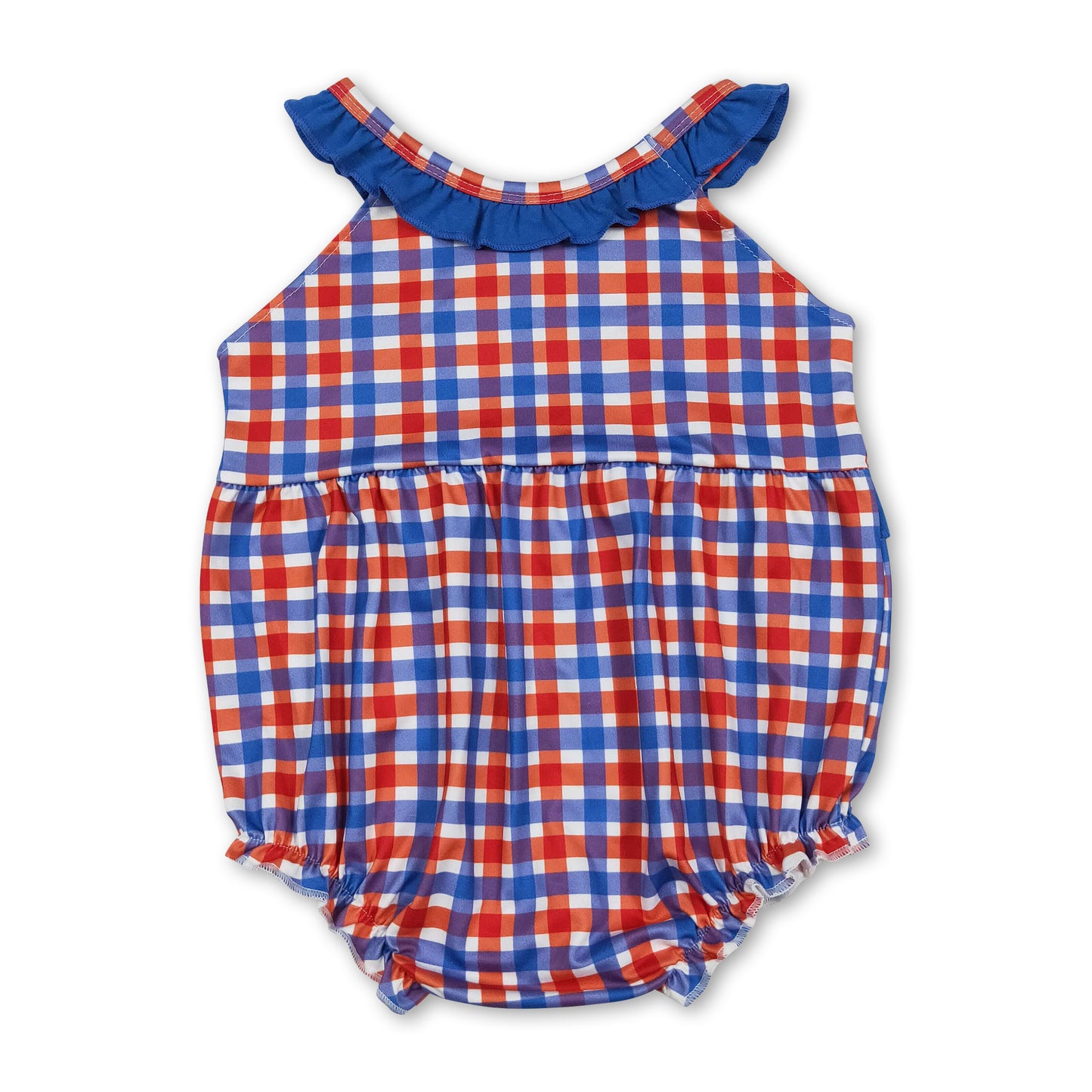 Blue ruffle farm embroidery plaid baby girl romper
