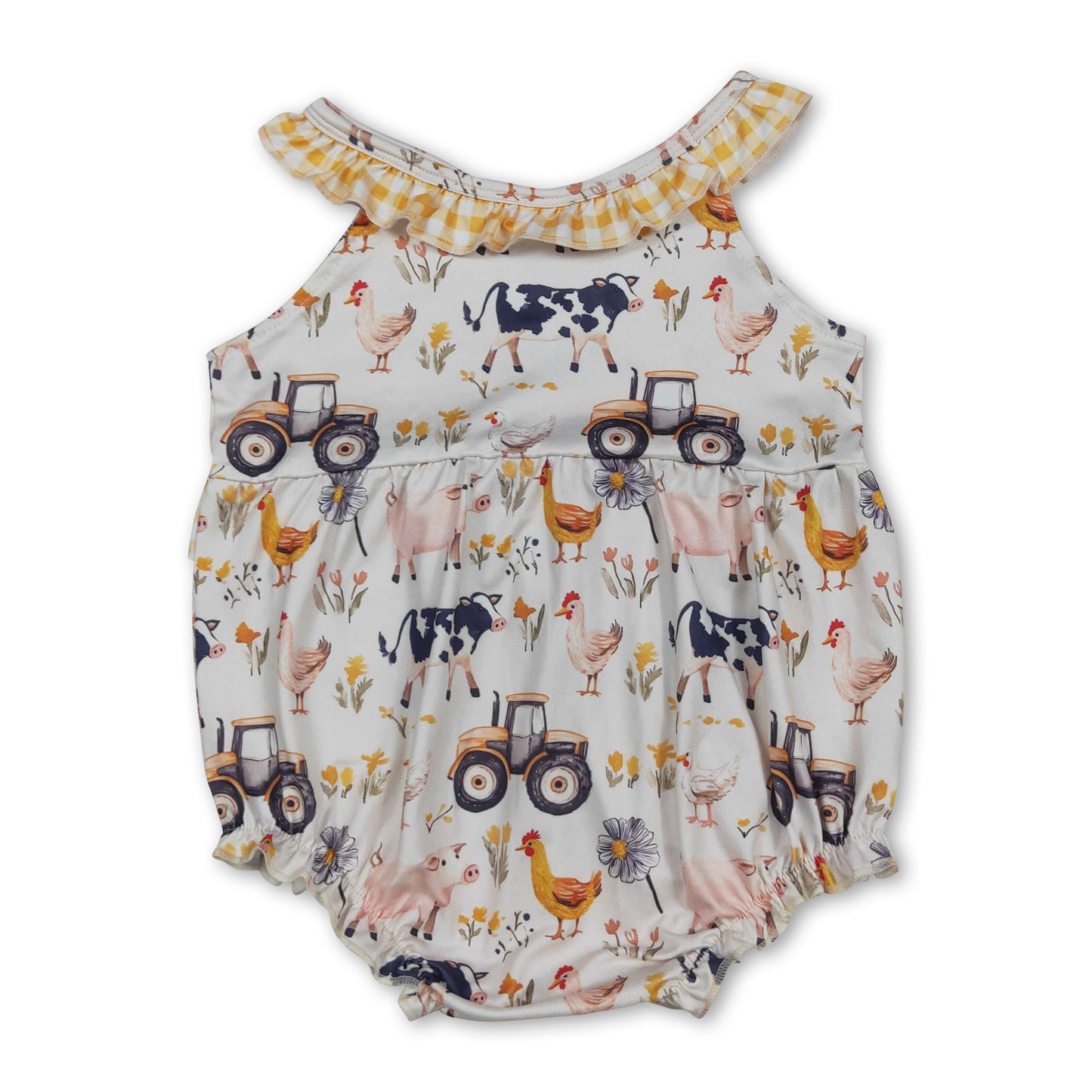 Yellow plaid ruffle sleeveless farm baby girls romper