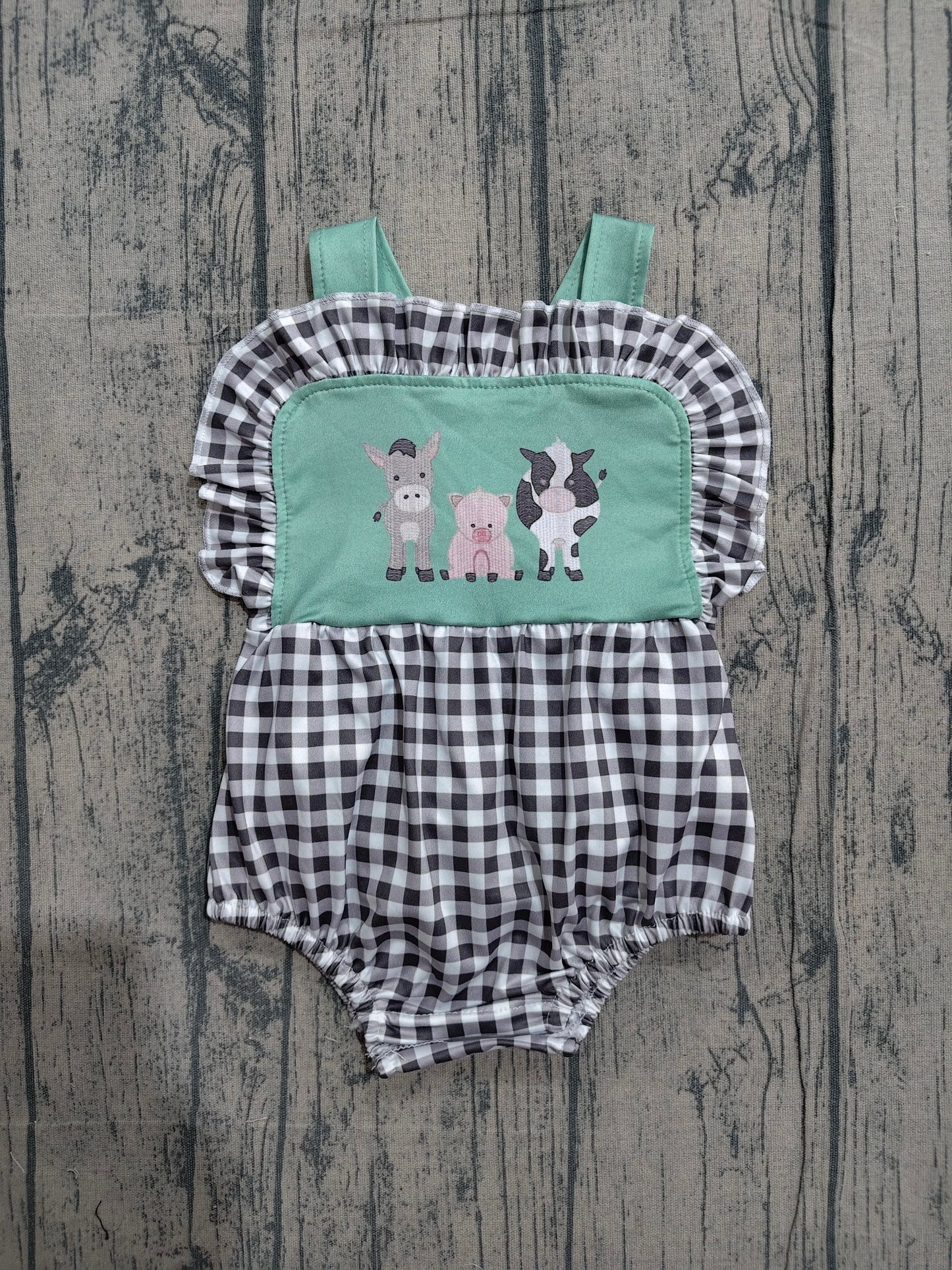 Straps cow pig ruffle plaid farm baby summer romper