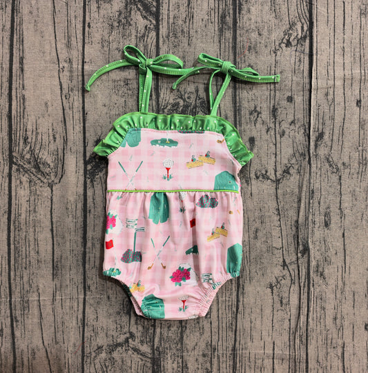 Straps ruffle pink plaid golf baby girls summer romper