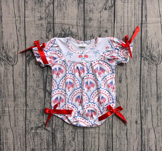 Short sleeves flag bow embroidery baby girl 4th of july romper
