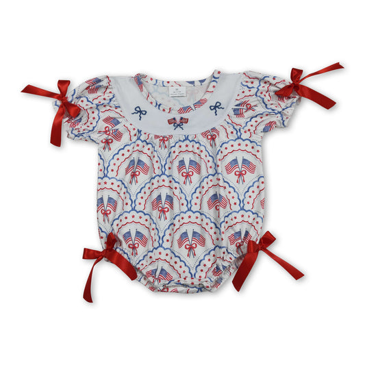 Short sleeves flag bow embroidery baby girl 4th of july romper