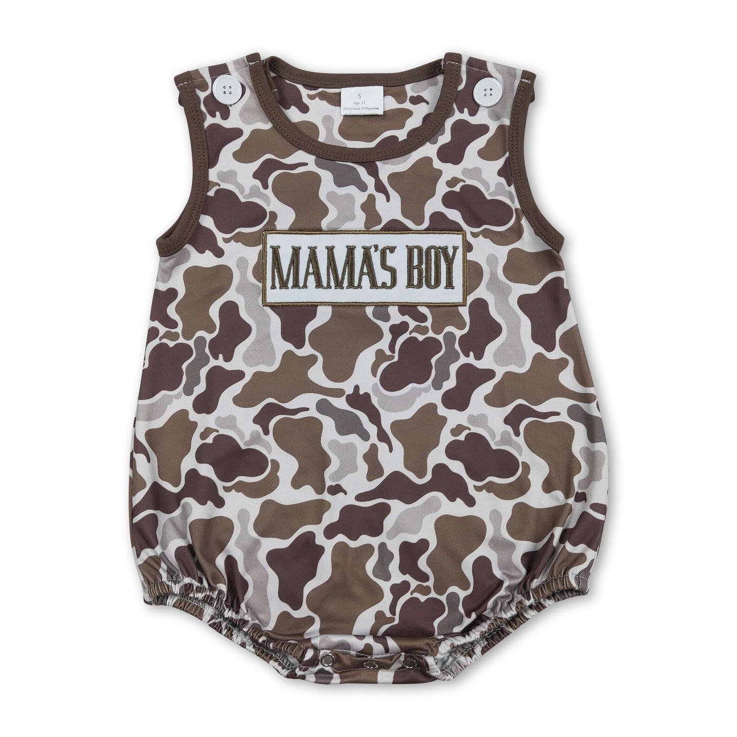 Sleeveless mama's boy embroidery camo romper