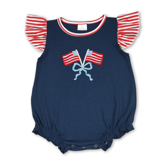 Flutter sleeves flag bow embroidery baby 4th of july romper