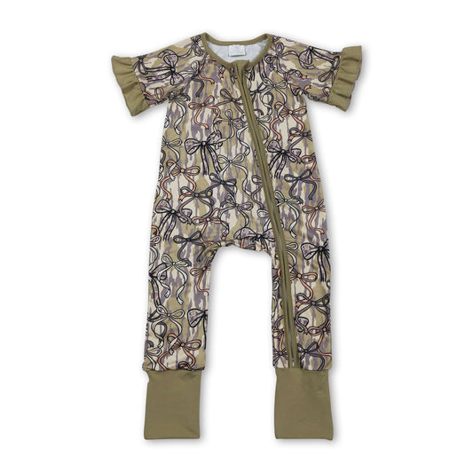 Ruffle short sleeves bow camo baby girls zipper romper