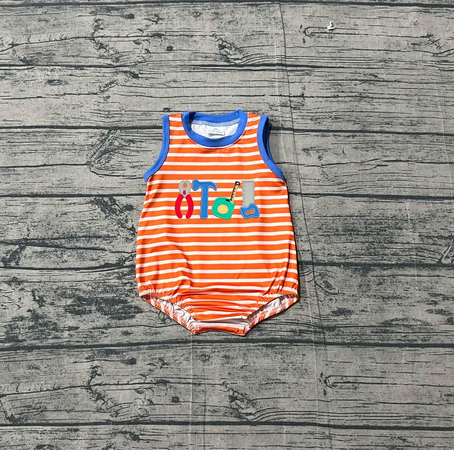 Sleeveless orange stripe tools embroidery boy romper