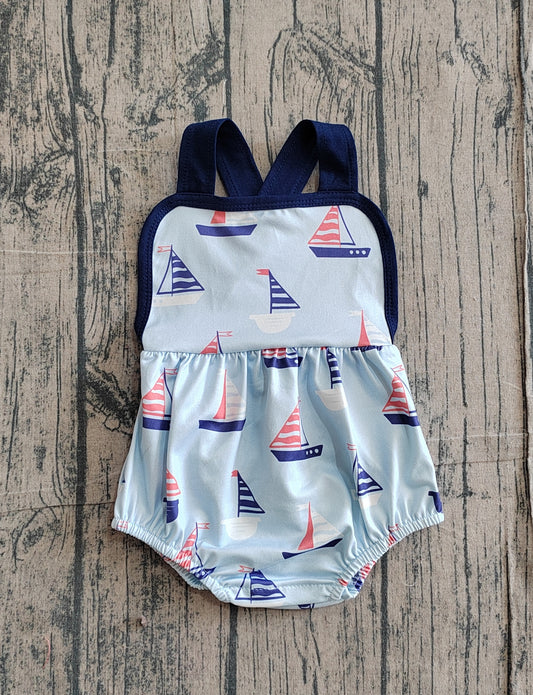 Blue straps boat baby boy summer 4th of july romper