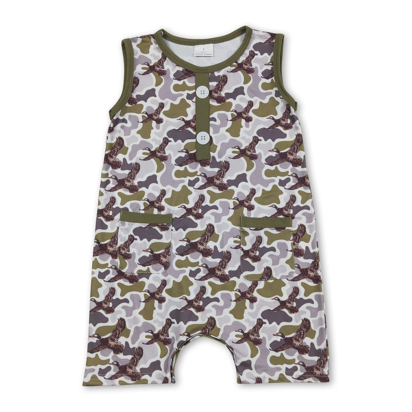 Sleeveless camo duck pockets baby boy summer romper