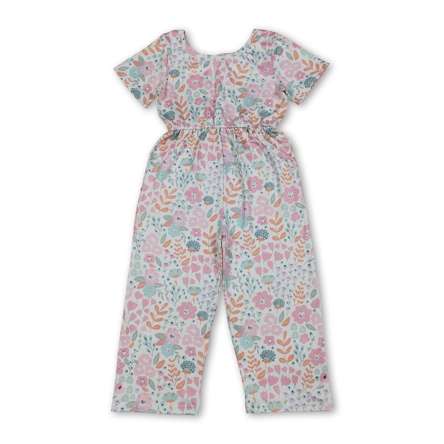 Short sleeves pink floral pockets kids girls jumpsuit