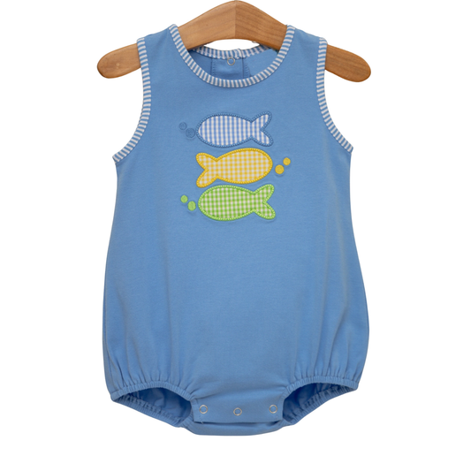 Light blue sleeveless fish baby boy summer romper
