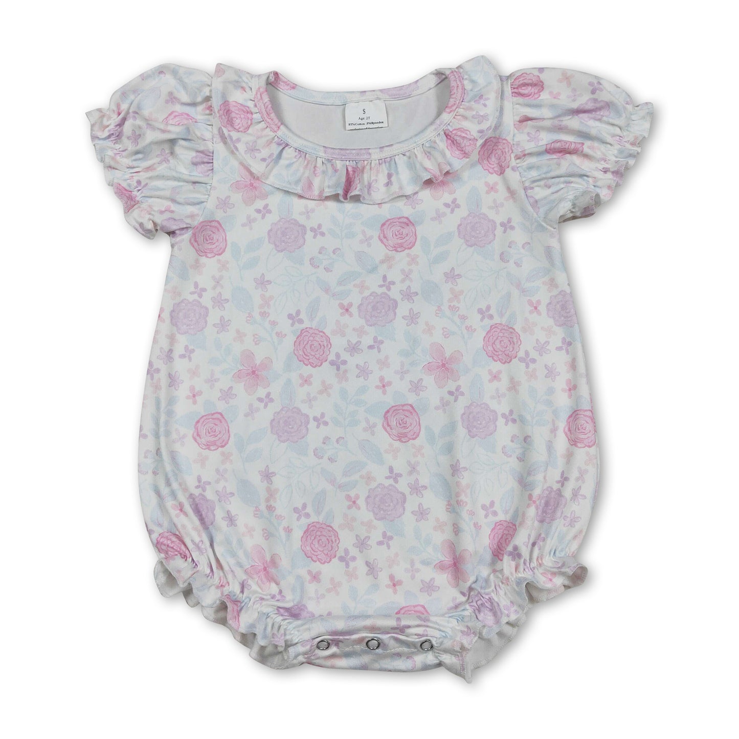 Short sleeves pink lavender floral ruffle baby girl romper