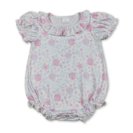 Short sleeves pink lavender floral ruffle baby girl romper