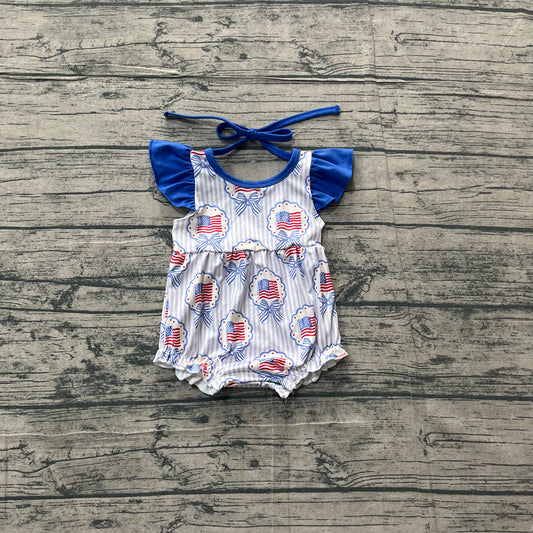 Flutter sleeves bow flag stripe baby girls 4th of july romper