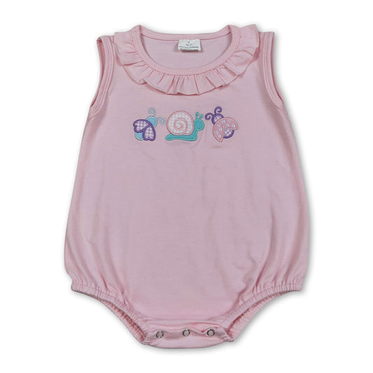 Ruffle sleeveless bee snails embroidery baby girls romper