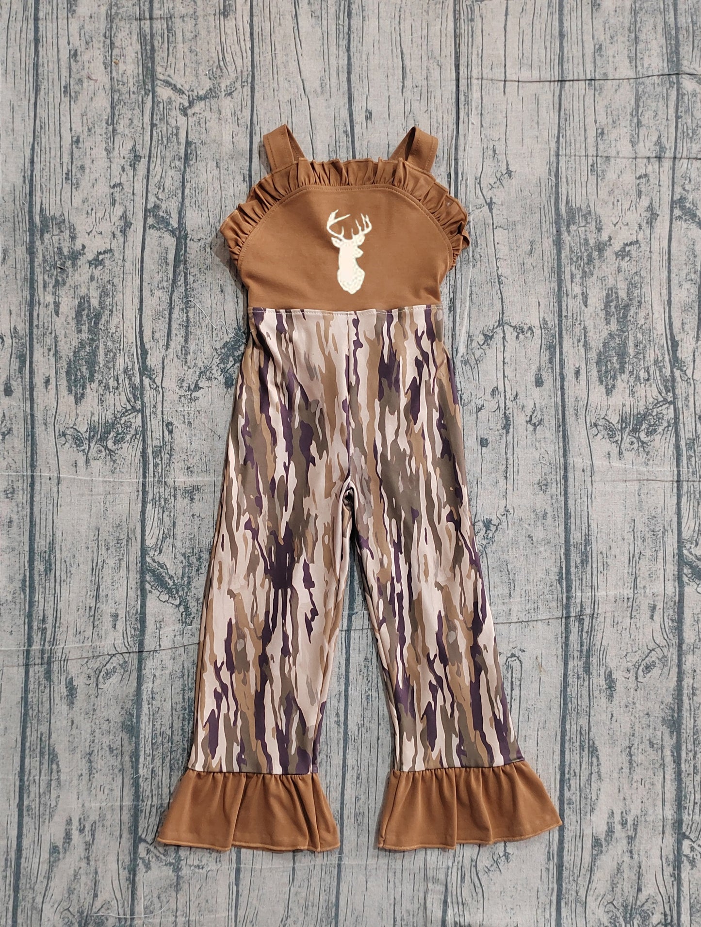 Deer embroidery brown ruffle camo kids girls jumpsuit