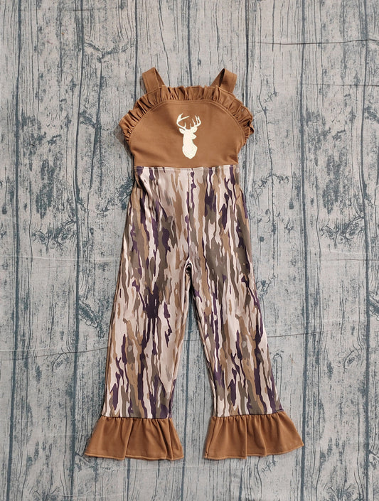 Deer embroidery brown ruffle camo kids girls jumpsuit