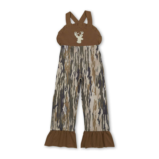 Deer embroidery brown ruffle camo kids girls jumpsuit