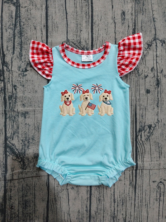 Flutter sleeves flag dog embroidery girls 4th of july romper