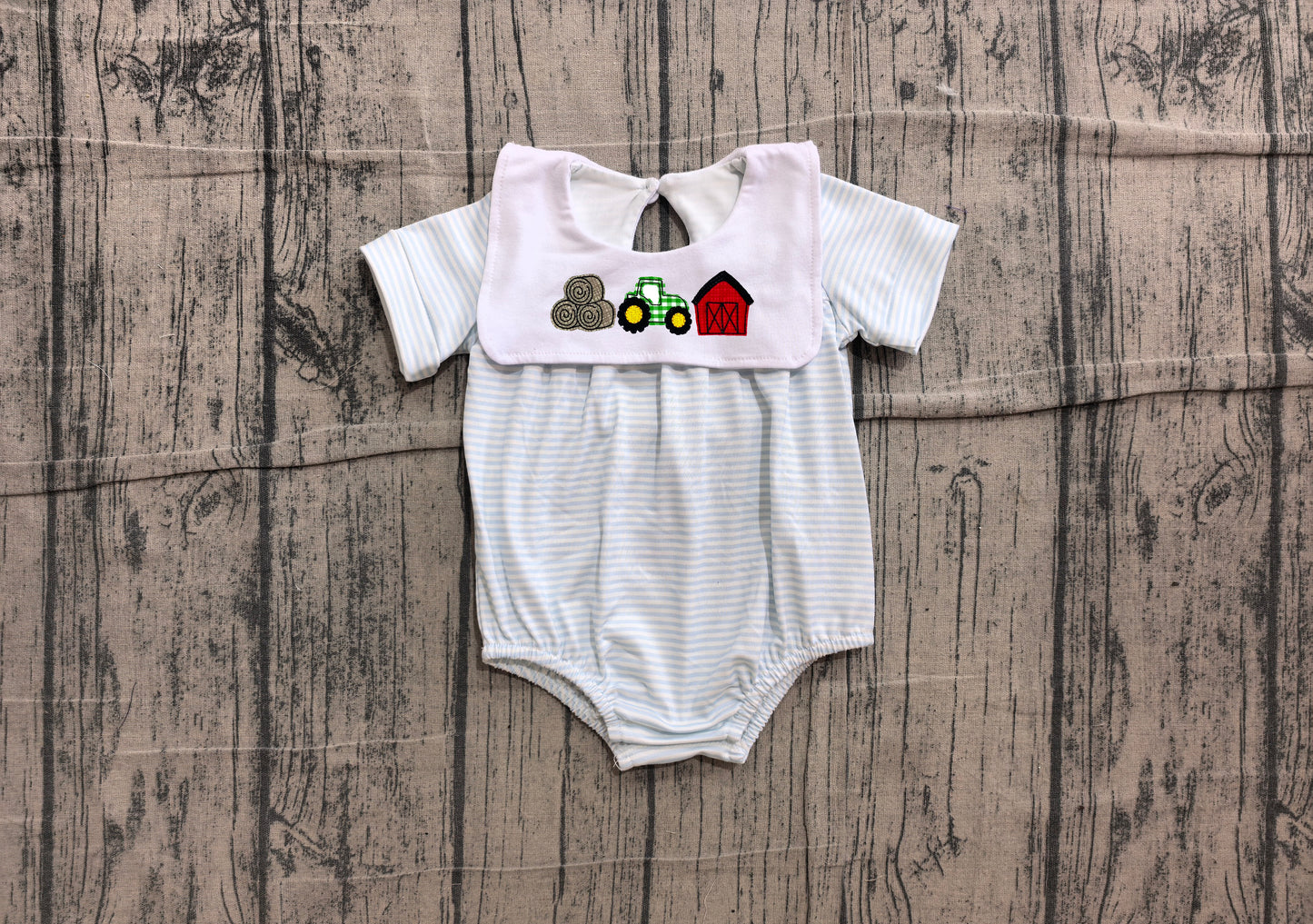 Short sleeves stripe farm tractor embroidery boy romper
