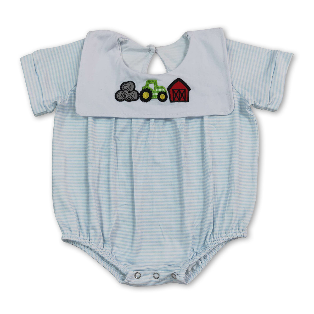 Short sleeves stripe farm tractor embroidery boy romper