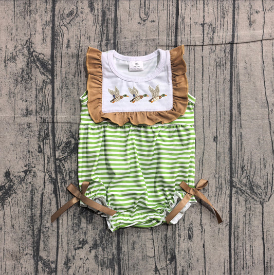 Sleeveless duck embroidery stripe baby girls romper