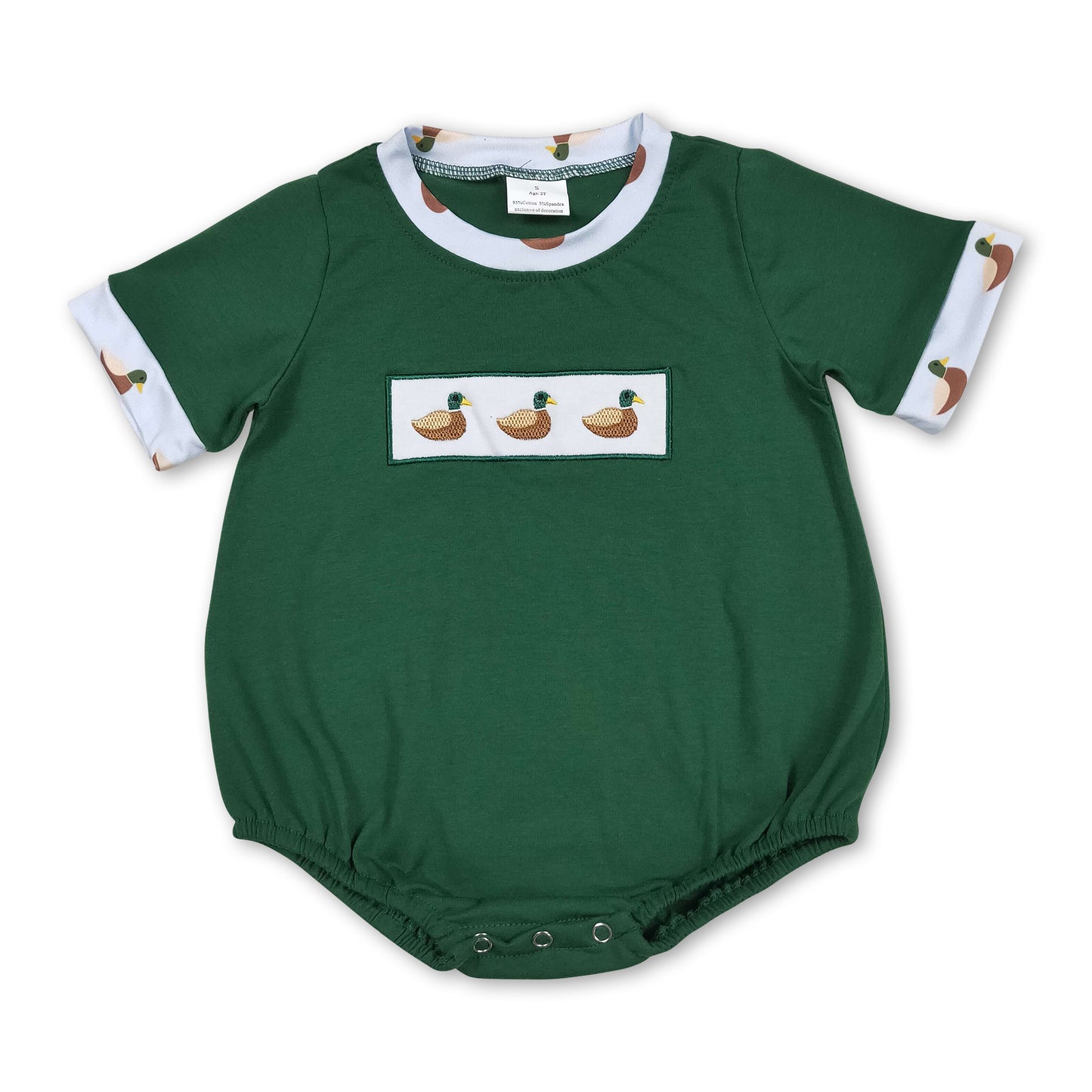 Short sleeves duck embroidery green baby boy summer romper