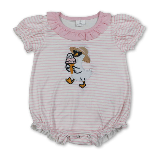 Pink ruffle stripe goose ice cream embroidery girls romper