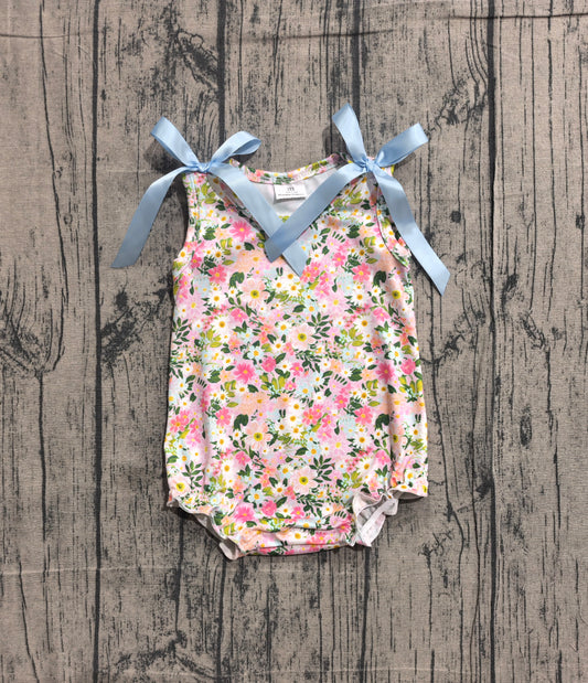 Sleeveless pink floral baby girls summer romper