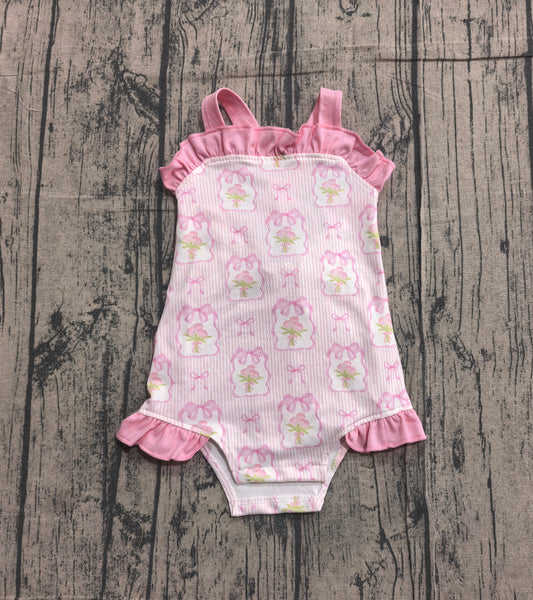 Pink straps stripe bow floral baby girls summer romper