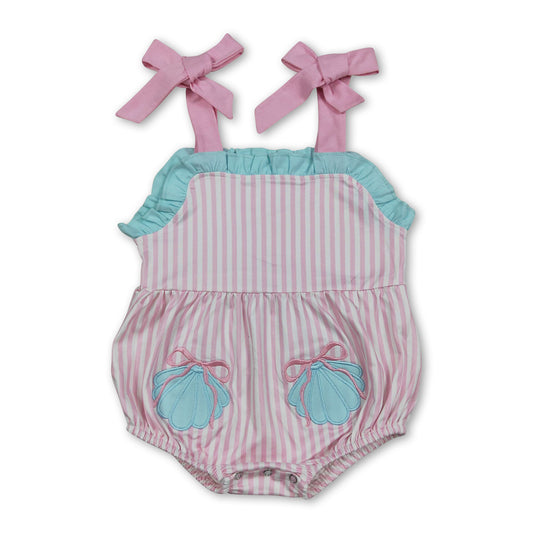 Straps shell bow embroidery stripe baby girl romper