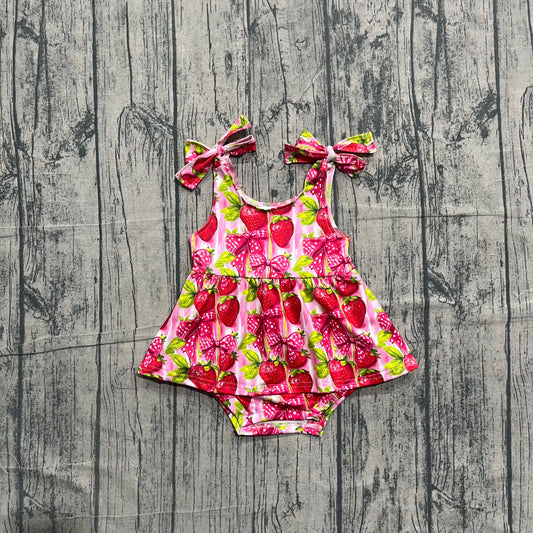 Sleeveless strawberry bow baby girls romper