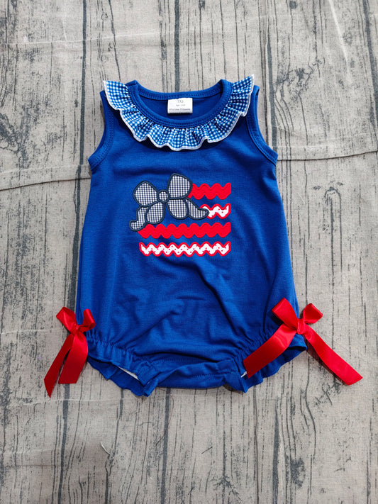 Sleeveless bow flag embroidery baby girls 4th of july romper