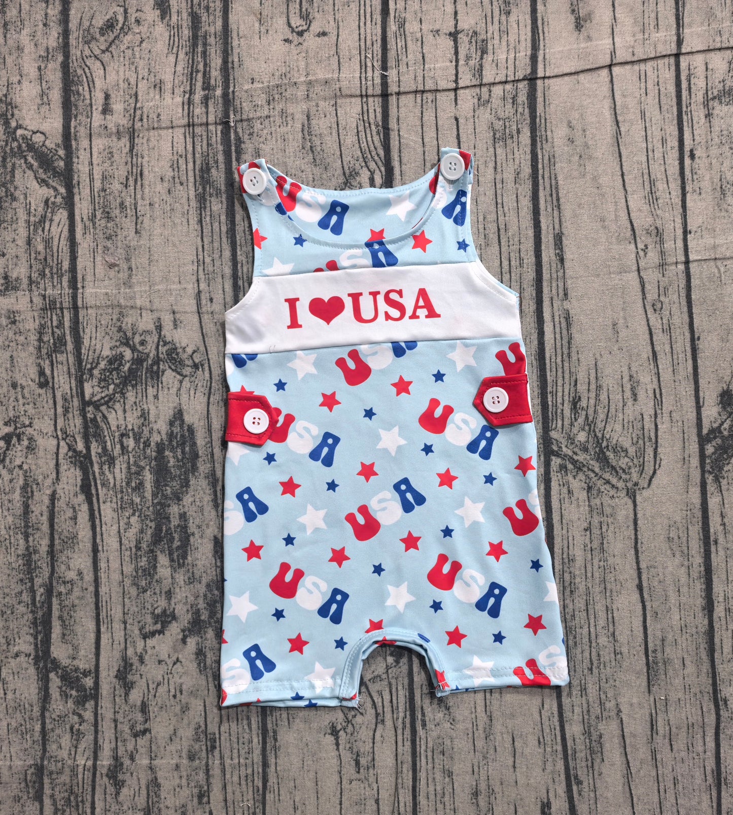 Sleeveless I love USA stars baby boy 4th of july romper